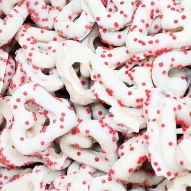 Hayden Valley White Yogurt Covered Heart Pretzels with Red Nonpareils 1lb